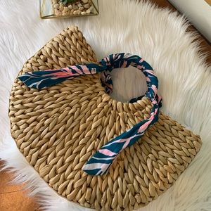 LILLY PULITZER WICKER TOTE WITH CLOTH HANDLES